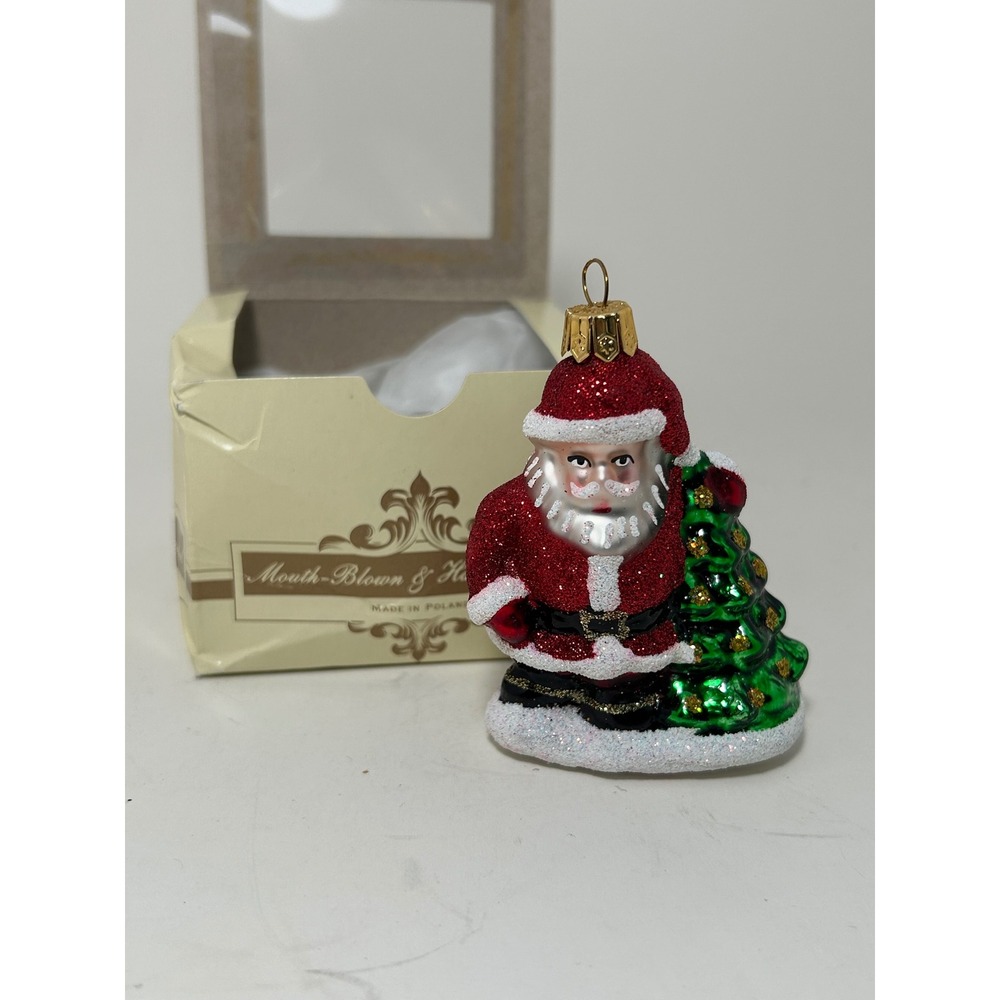 Polish Glass Santa Claus Christmas Ornament‎ Hand Painted Mouth Blown Poland Box